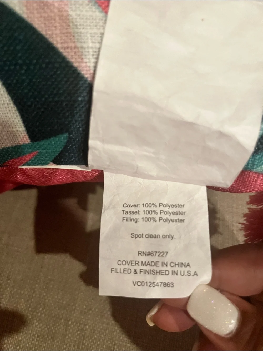 Tropical Leaf Print Accent Pillow with Coral Tassels (NWOT)